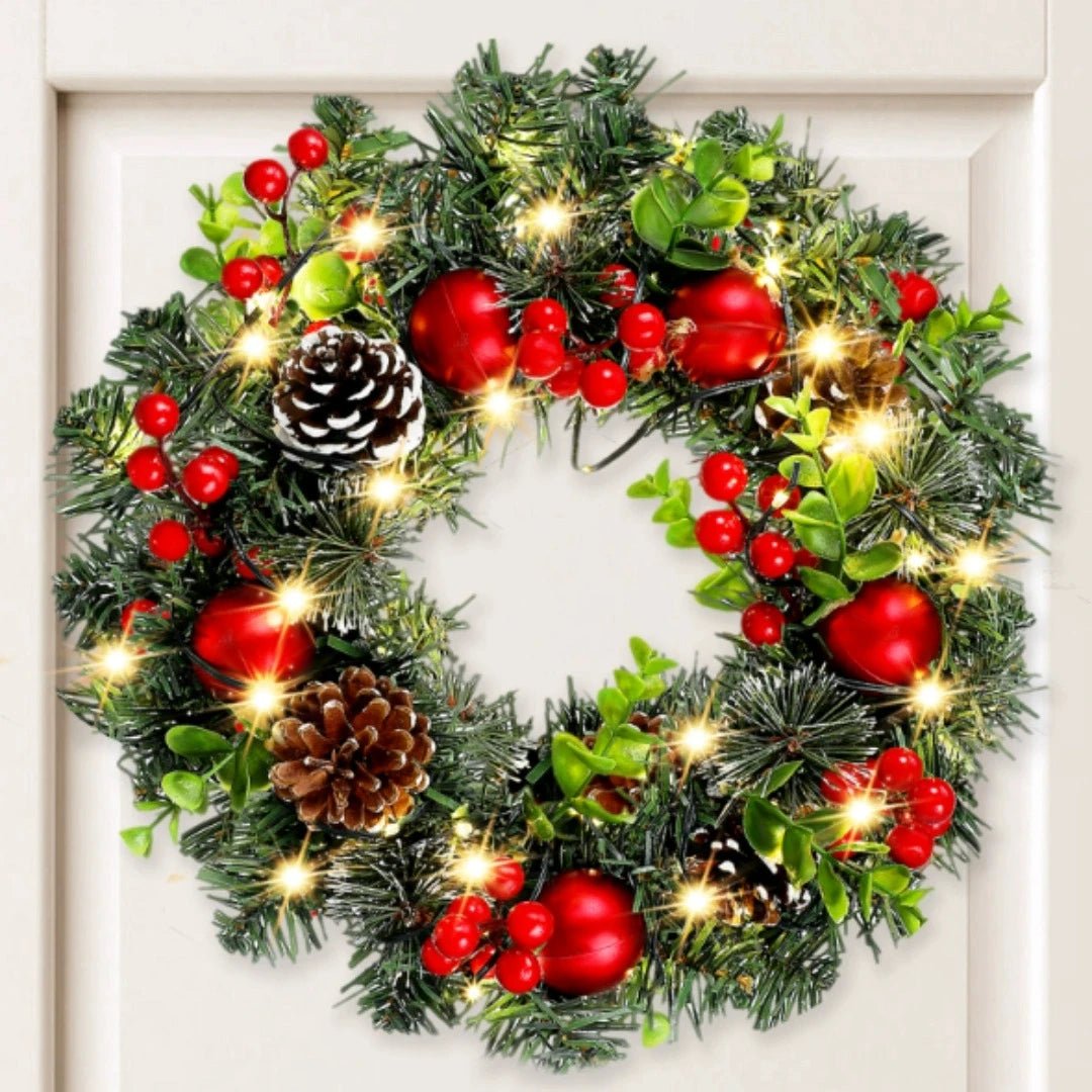 Elegant Red Christmas Wreath LED PVC Red Fruit Christmas Wreath Window Door Wall Ornament Decorations Home Halloween Decor Gifts - Jasmind Stores