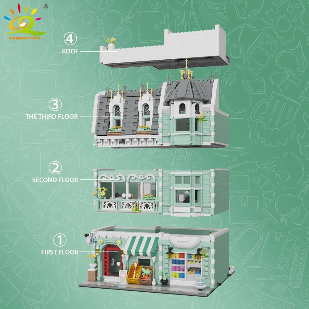 HUIQIBAO Toys MOC City Corner Coffee Shop Architecture Style Street View Micro Building Blocks for Children Construction Bricks - Jasmind Stores