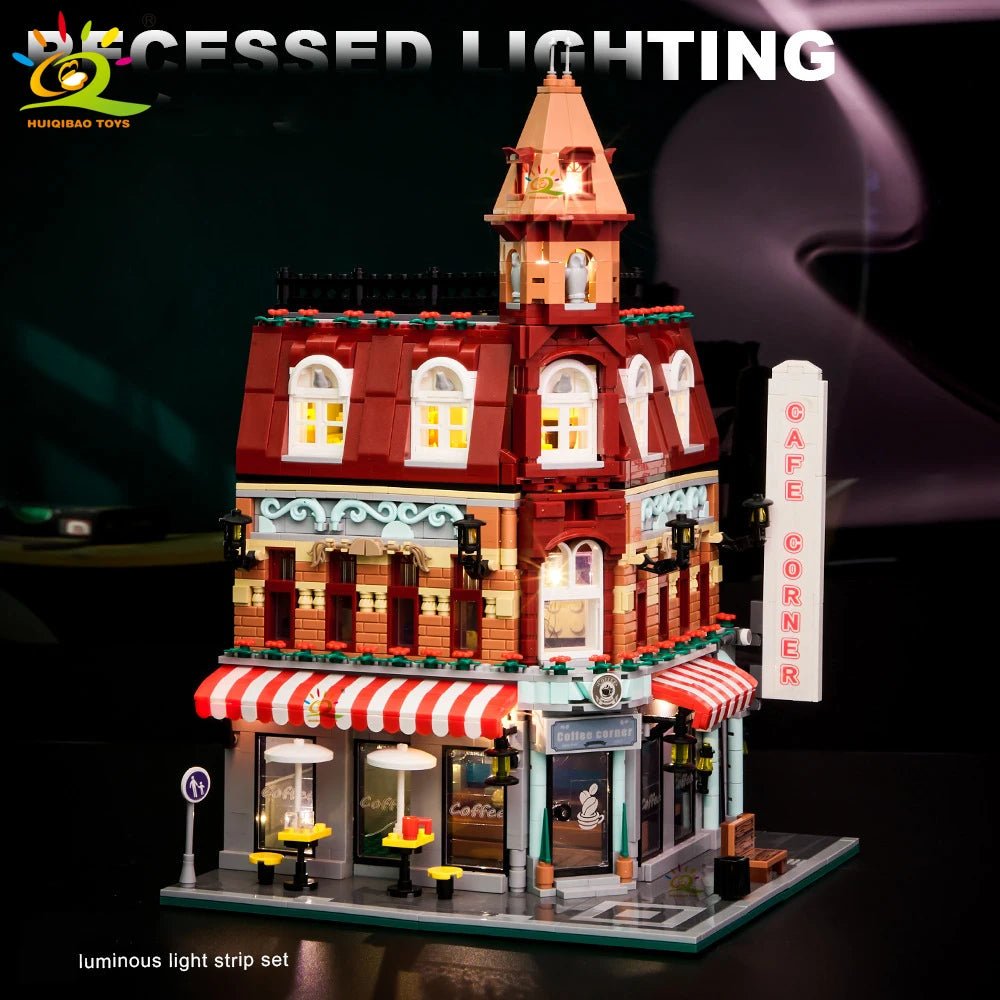 HUIQIBAO Toys MOC City Corner Coffee Shop Architecture Style Street View Micro Building Blocks for Children Construction Bricks - Jasmind Stores