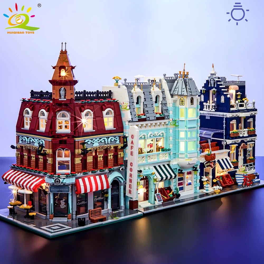 HUIQIBAO Toys MOC City Corner Coffee Shop Architecture Style Street View Micro Building Blocks for Children Construction Bricks - Jasmind Stores