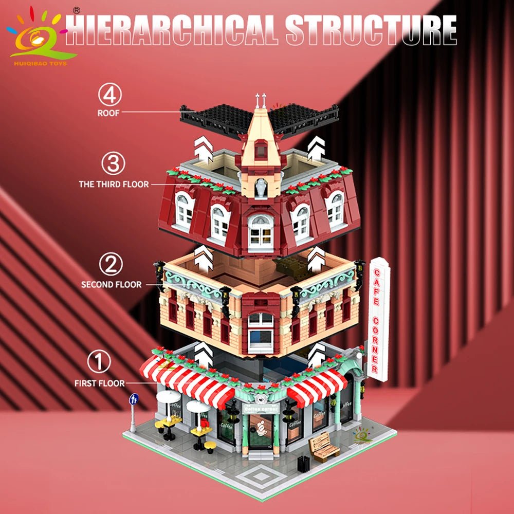 HUIQIBAO Toys MOC City Corner Coffee Shop Architecture Style Street View Micro Building Blocks for Children Construction Bricks - Jasmind Stores