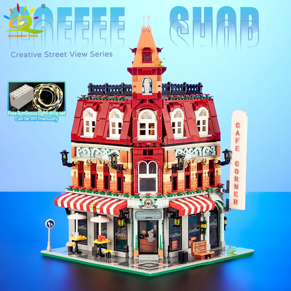 HUIQIBAO Toys MOC City Corner Coffee Shop Architecture Style Street View Micro Building Blocks for Children Construction Bricks - Jasmind Stores