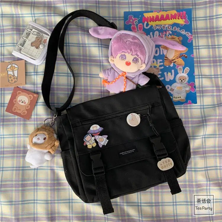 Japanese Harajuku Versatile Canvas Women Messenger Bags Solid Color Flip Casual Handbag Shoulder Bag Teenager Girl Crossbody Bag - Jasmind Stores