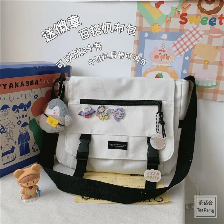 Japanese Harajuku Versatile Canvas Women Messenger Bags Solid Color Flip Casual Handbag Shoulder Bag Teenager Girl Crossbody Bag - Jasmind Stores