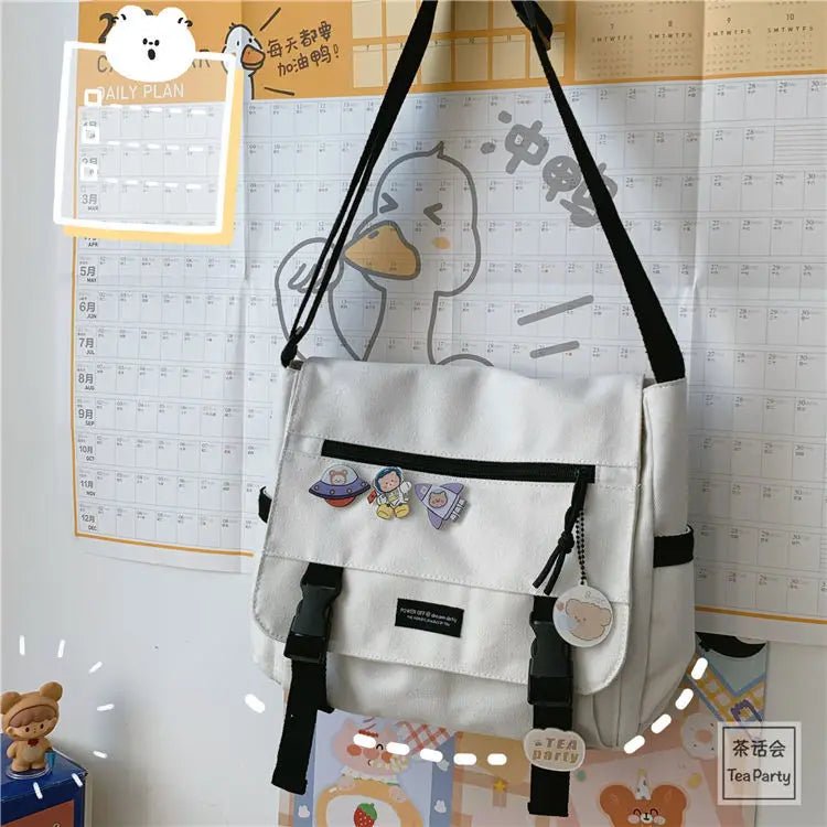 Japanese Harajuku Versatile Canvas Women Messenger Bags Solid Color Flip Casual Handbag Shoulder Bag Teenager Girl Crossbody Bag - Jasmind Stores