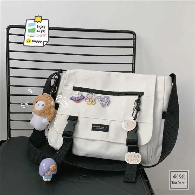 Japanese Harajuku Versatile Canvas Women Messenger Bags Solid Color Flip Casual Handbag Shoulder Bag Teenager Girl Crossbody Bag - Jasmind Stores
