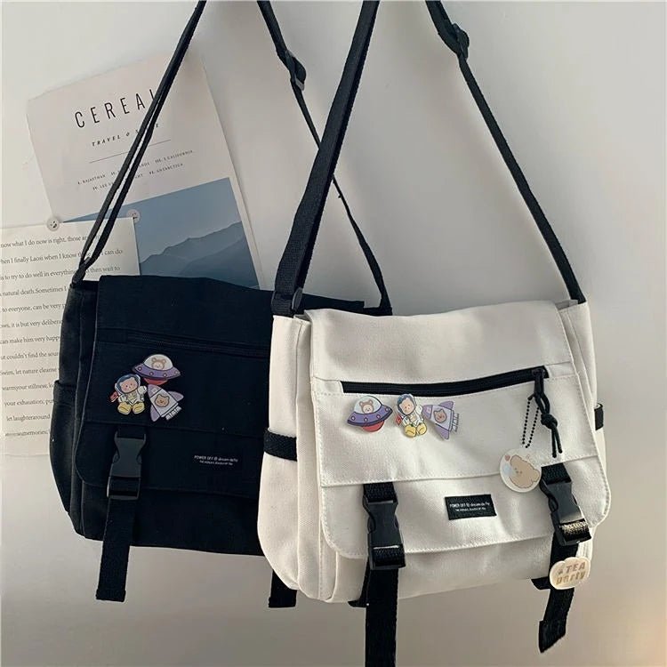 Japanese Harajuku Versatile Canvas Women Messenger Bags Solid Color Flip Casual Handbag Shoulder Bag Teenager Girl Crossbody Bag - Jasmind Stores