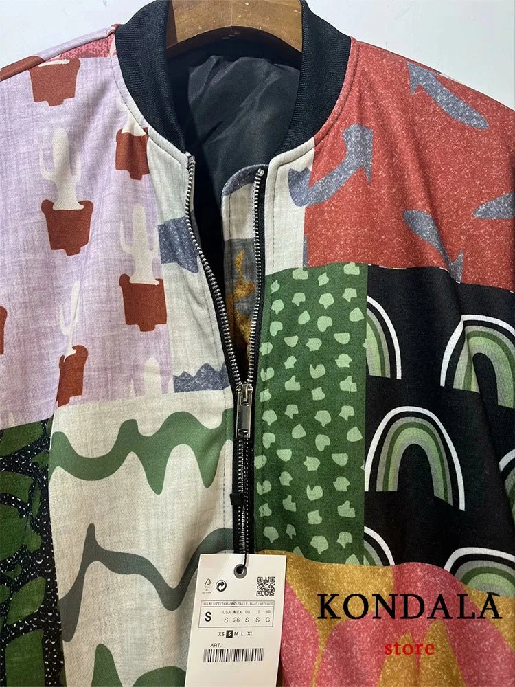 KONDALA Vintage Casual Chic Women Jackets Printing O - Neck Zipper Pockets Oversized Coats New Fashion 2023 Autumn Holiday Jackets - Jasmind Stores