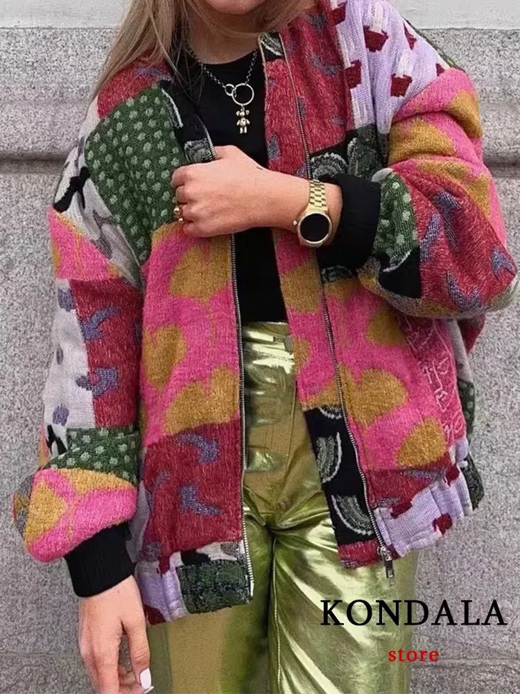 KONDALA Vintage Casual Chic Women Jackets Printing O - Neck Zipper Pockets Oversized Coats New Fashion 2023 Autumn Holiday Jackets - Jasmind Stores