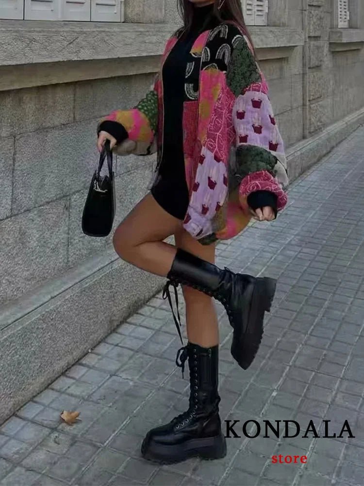 KONDALA Vintage Casual Chic Women Jackets Printing O - Neck Zipper Pockets Oversized Coats New Fashion 2023 Autumn Holiday Jackets - Jasmind Stores