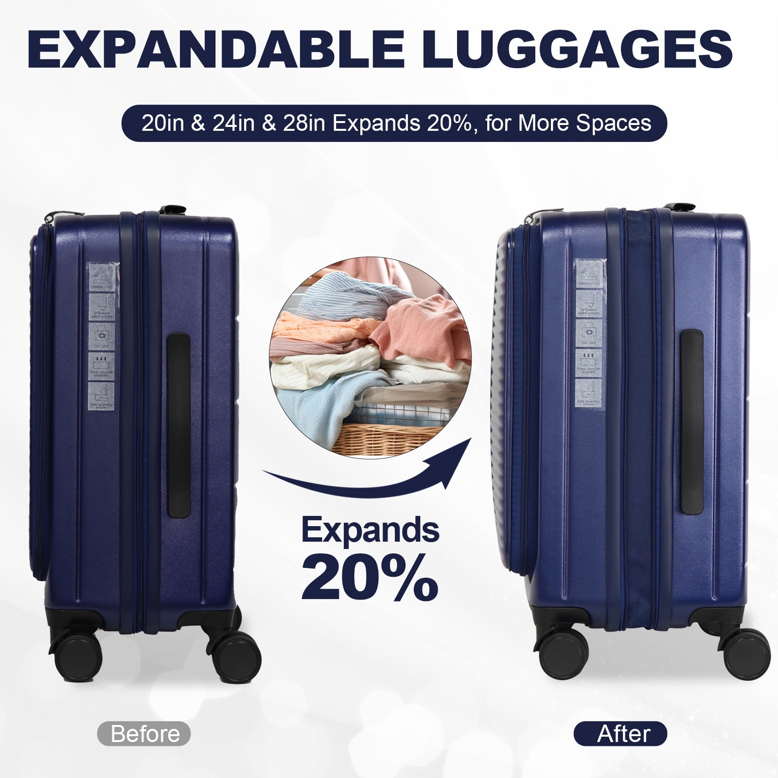 Luggage,with front opening,TSA approved lock,hardshell suitcase,Blue - Jasmind Stores