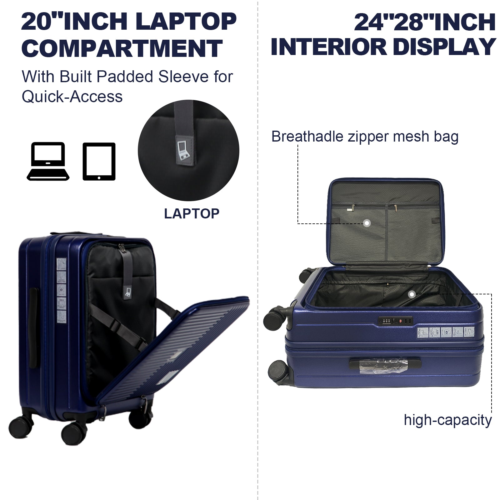 Luggage,with front opening,TSA approved lock,hardshell suitcase,Blue - Jasmind Stores