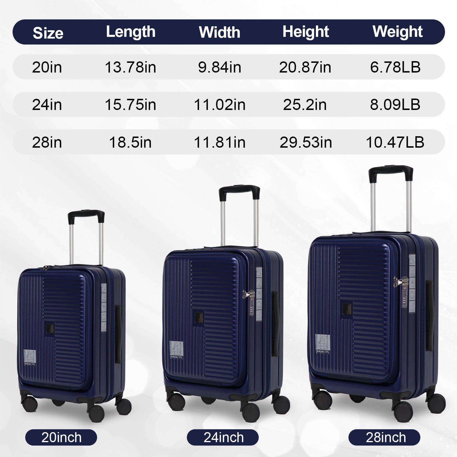 Luggage,with front opening,TSA approved lock,hardshell suitcase,Blue - Jasmind Stores