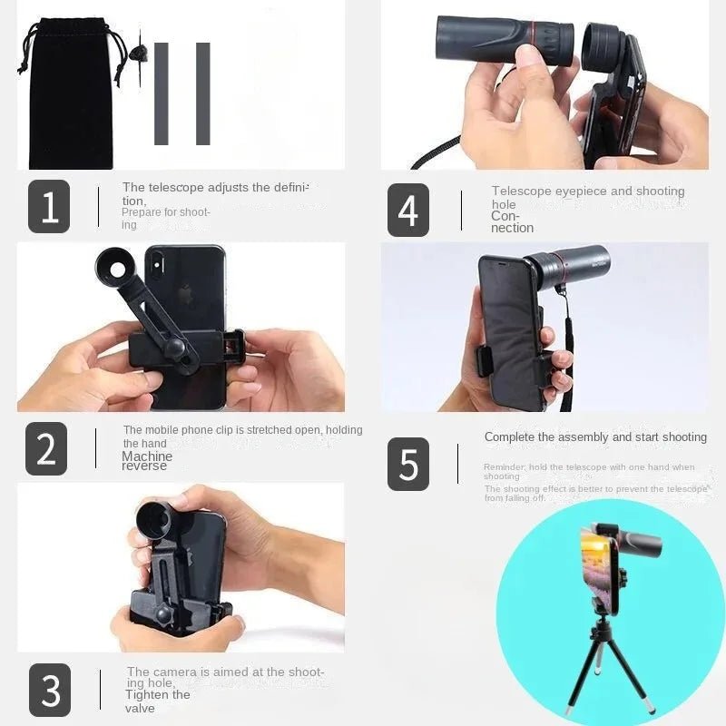 Outdoor 2000x25 HD Monocular Telescope Mini Portable Mobile Phone Telescope with Holder Camping Hunting Birdwatching Telescopes - Jasmind Stores
