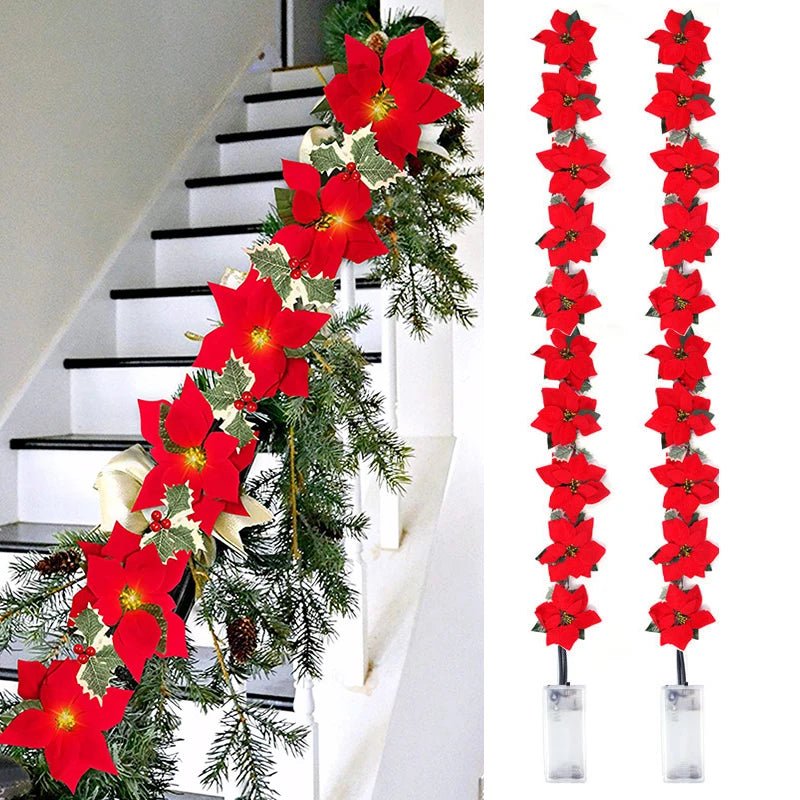 Poinsettia Christmas Flowers Garland String Lights Xmas Tree Ornaments Indoor/Outdoor Party Decor Christmas Decoration Navidad - Jasmind Stores