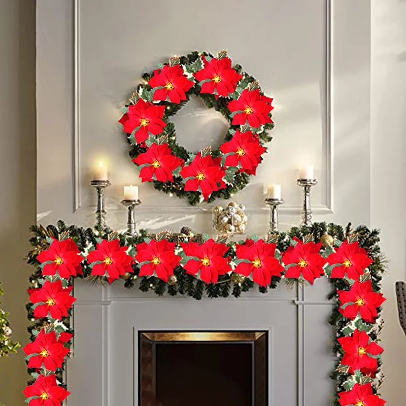 Poinsettia Christmas Flowers Garland String Lights Xmas Tree Ornaments Indoor/Outdoor Party Decor Christmas Decoration Navidad - Jasmind Stores