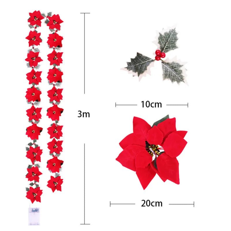 Poinsettia Christmas Flowers Garland String Lights Xmas Tree Ornaments Indoor/Outdoor Party Decor Christmas Decoration Navidad - Jasmind Stores