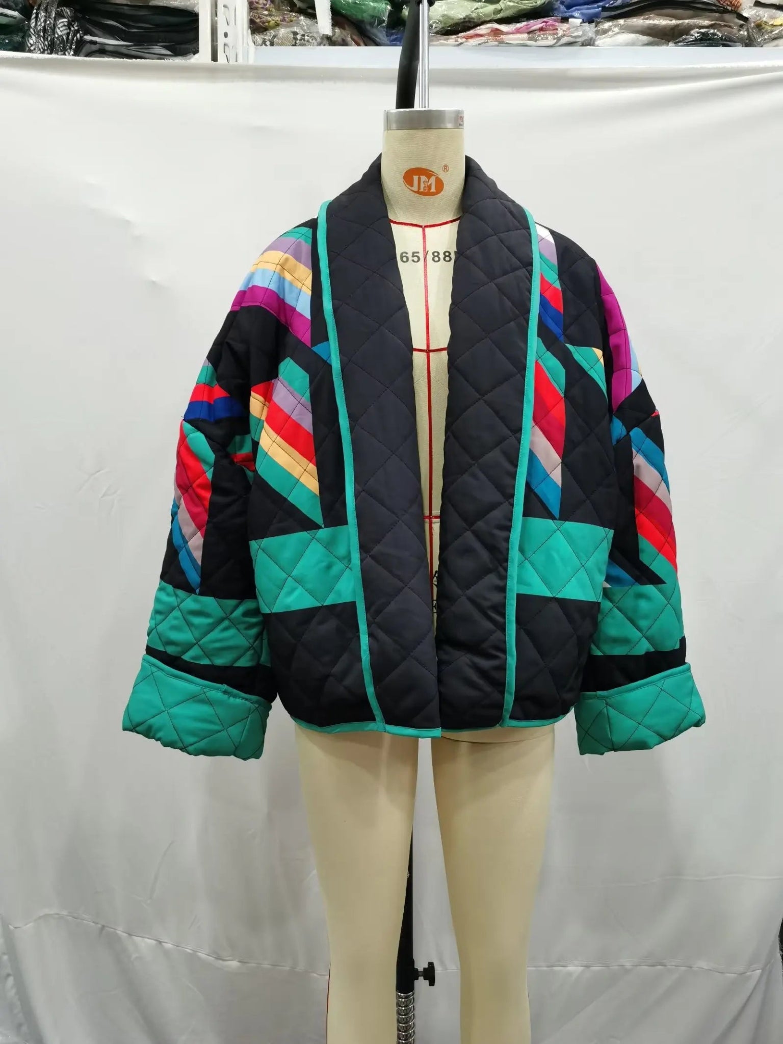 Winter Black Green Geometric Plaid Print Lapel Quilted Coat Ethnic Women Quilting Full Sleeve Warm Loose Jacket Retro Outerwear - Jasmind Stores