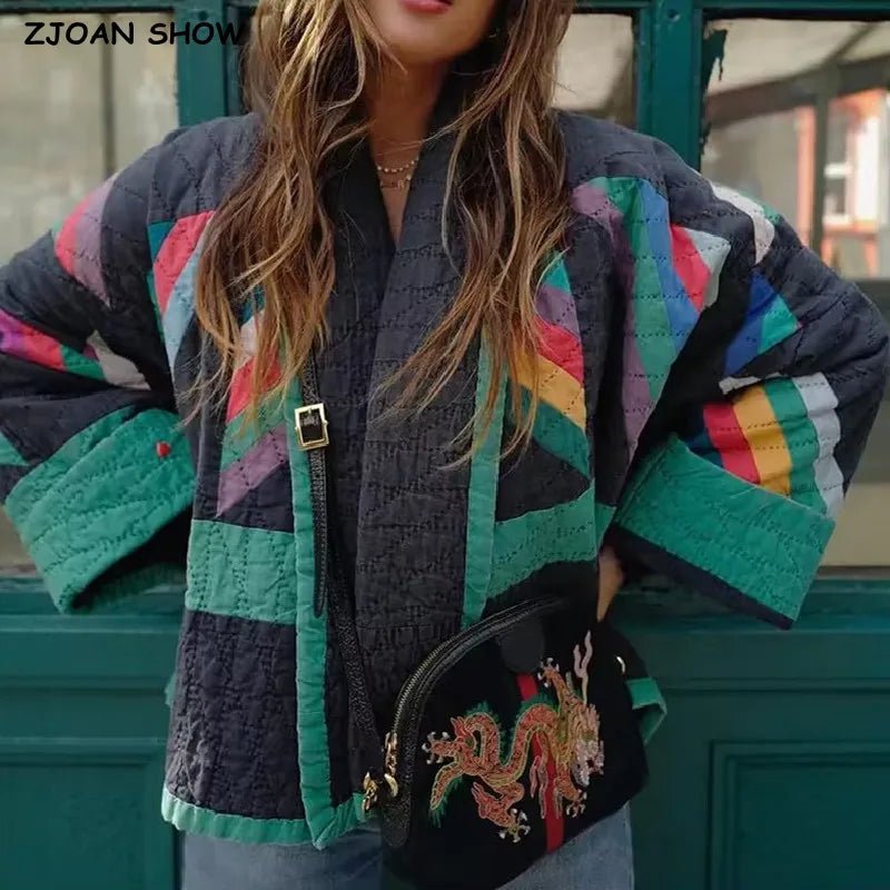 Winter Black Green Geometric Plaid Print Lapel Quilted Coat Ethnic Women Quilting Full Sleeve Warm Loose Jacket Retro Outerwear - Jasmind Stores