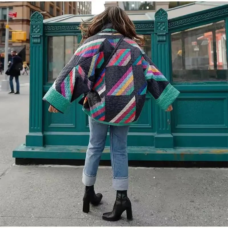 Winter Black Green Geometric Plaid Print Lapel Quilted Coat Ethnic Women Quilting Full Sleeve Warm Loose Jacket Retro Outerwear - Jasmind Stores