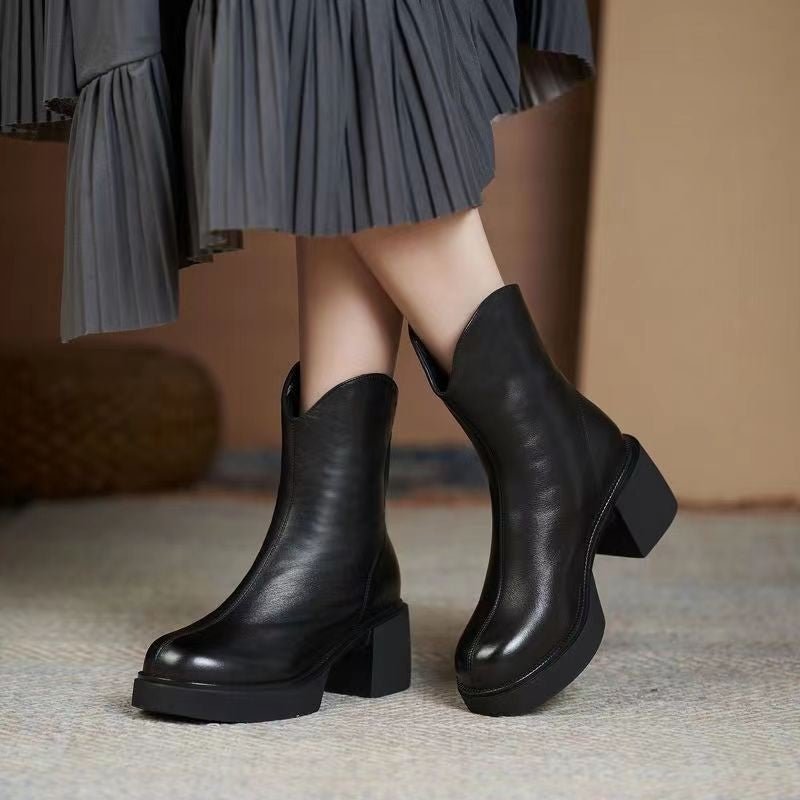 Women's Autumn And Winter Thick Heel Real Soft Leather High - Jasmind Stores