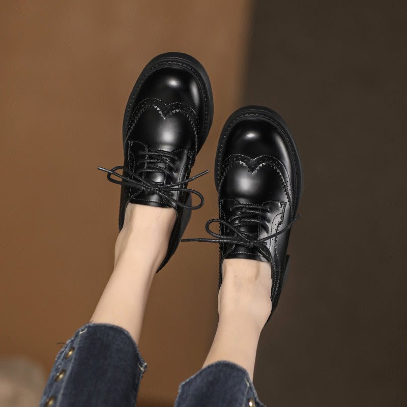 Women's Autumn New Carved Lace - up Round Head British Black Chunky Heel Shoes - Jasmind Stores