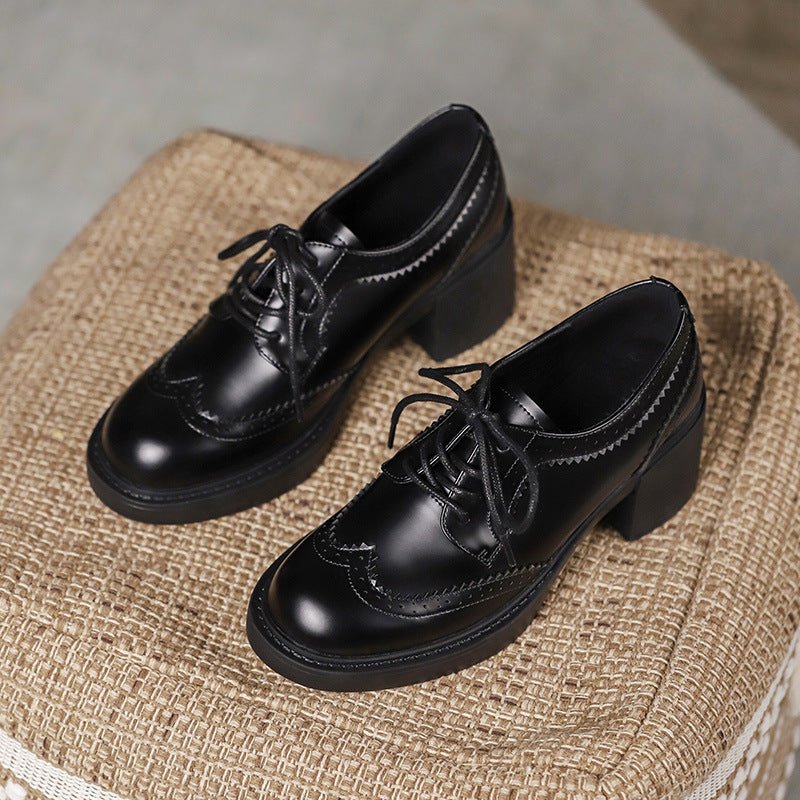 Women's Autumn New Carved Lace - up Round Head British Black Chunky Heel Shoes - Jasmind Stores