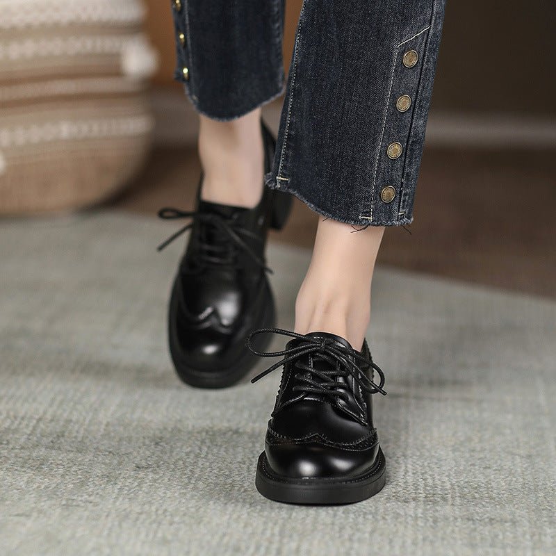 Women's Autumn New Carved Lace - up Round Head British Black Chunky Heel Shoes - Jasmind Stores