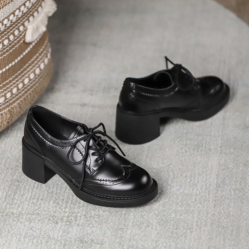Women's Autumn New Carved Lace - up Round Head British Black Chunky Heel Shoes - Jasmind Stores