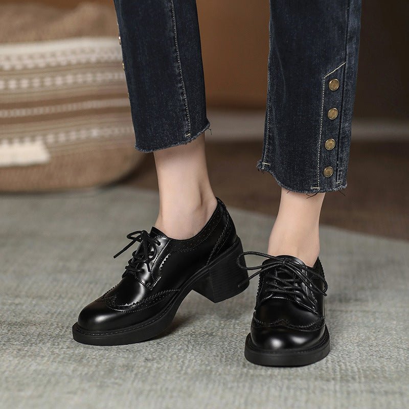 Women's Autumn New Carved Lace - up Round Head British Black Chunky Heel Shoes - Jasmind Stores