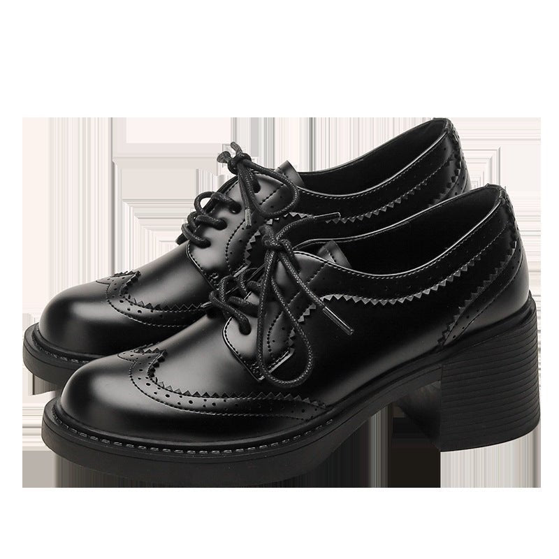 Women's Autumn New Carved Lace - up Round Head British Black Chunky Heel Shoes - Jasmind Stores