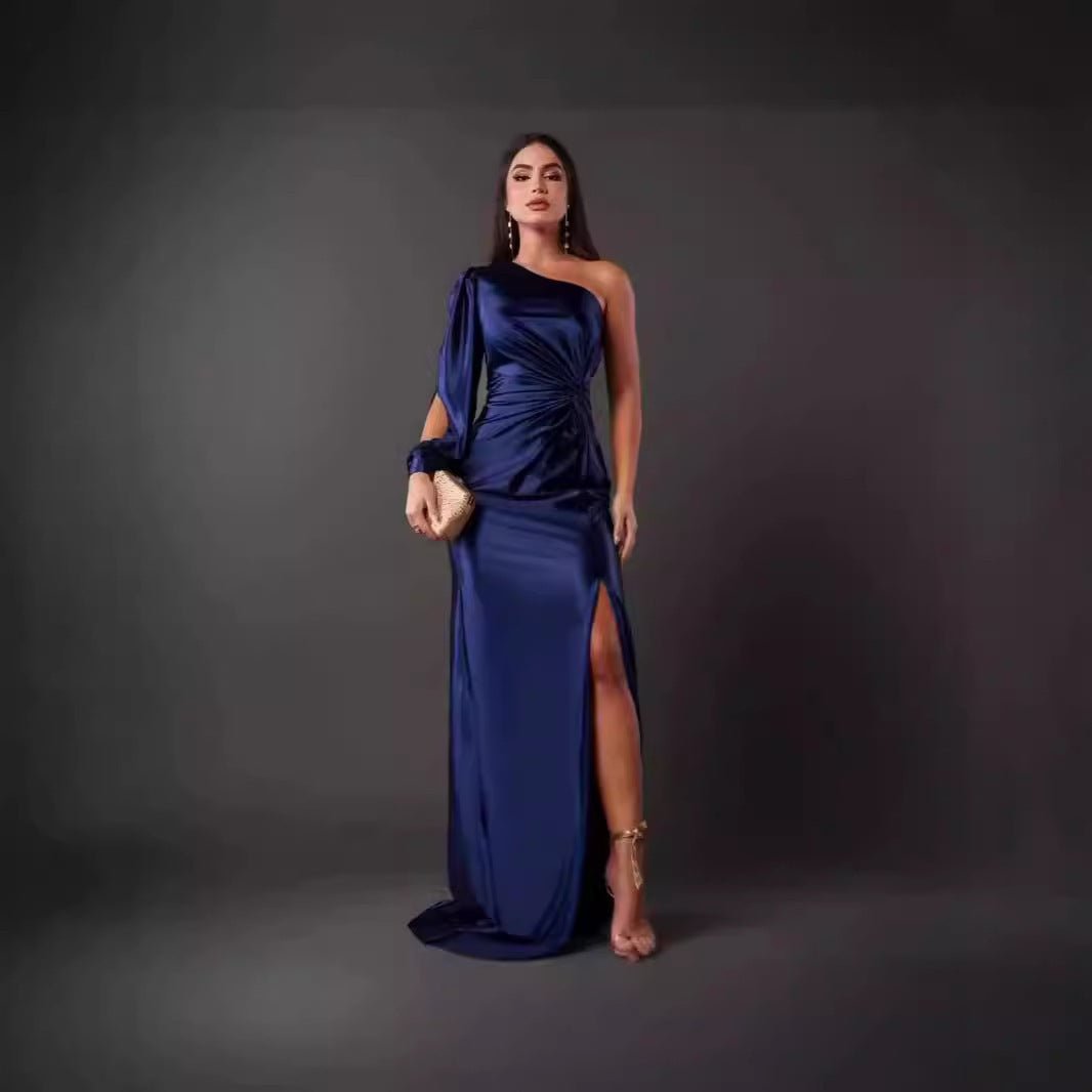 Women's Diagonal Collar Raglan Sleeve Pleated Waist Tight Split Sexy Long Dress - Jasmind Stores