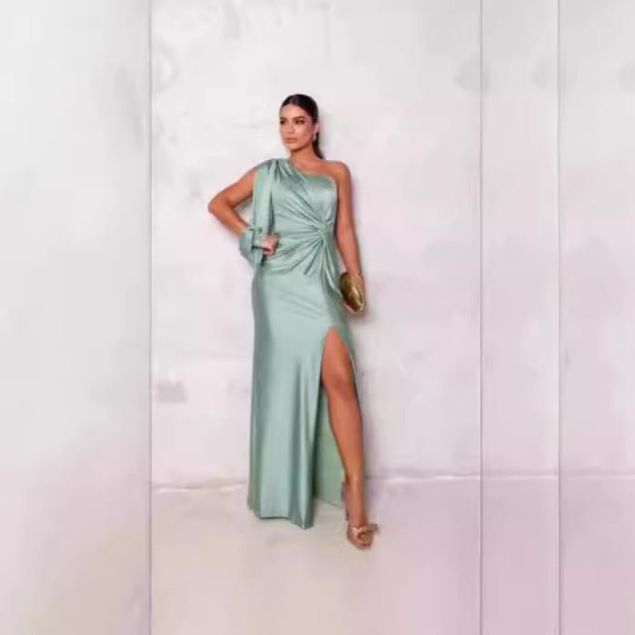 Women's Diagonal Collar Raglan Sleeve Pleated Waist Tight Split Sexy Long Dress - Jasmind Stores