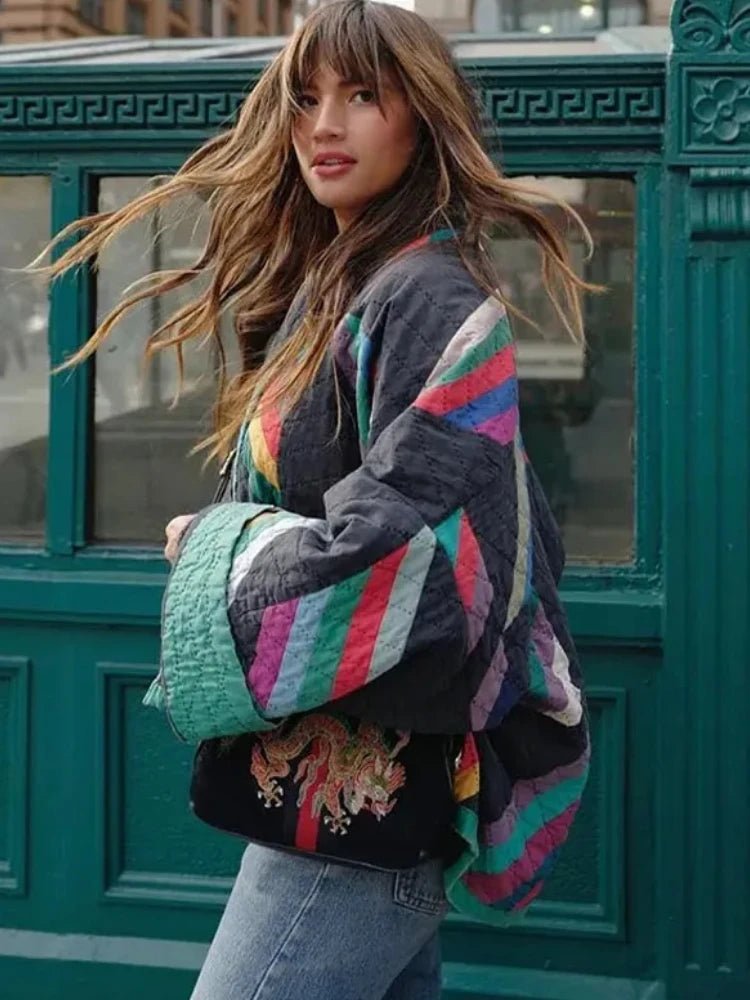 ZBZA Women's Patchwork Print Jacket Loose Warm Long Flare Sleeve V - neck Non Buttoned Casual Street Coat Winter New Chic Jacket - Jasmind Stores