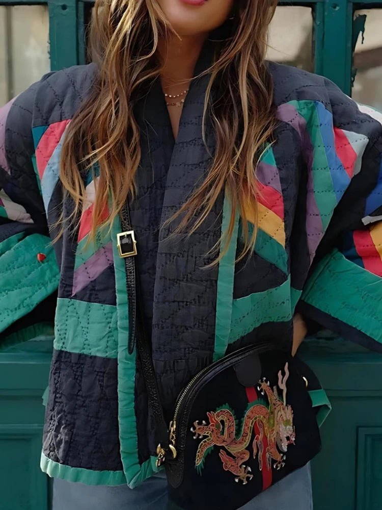 ZBZA Women's Patchwork Print Jacket Loose Warm Long Flare Sleeve V - neck Non Buttoned Casual Street Coat Winter New Chic Jacket - Jasmind Stores