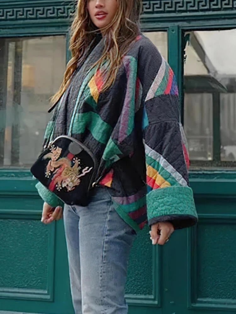 ZBZA Women's Patchwork Print Jacket Loose Warm Long Flare Sleeve V - neck Non Buttoned Casual Street Coat Winter New Chic Jacket - Jasmind Stores