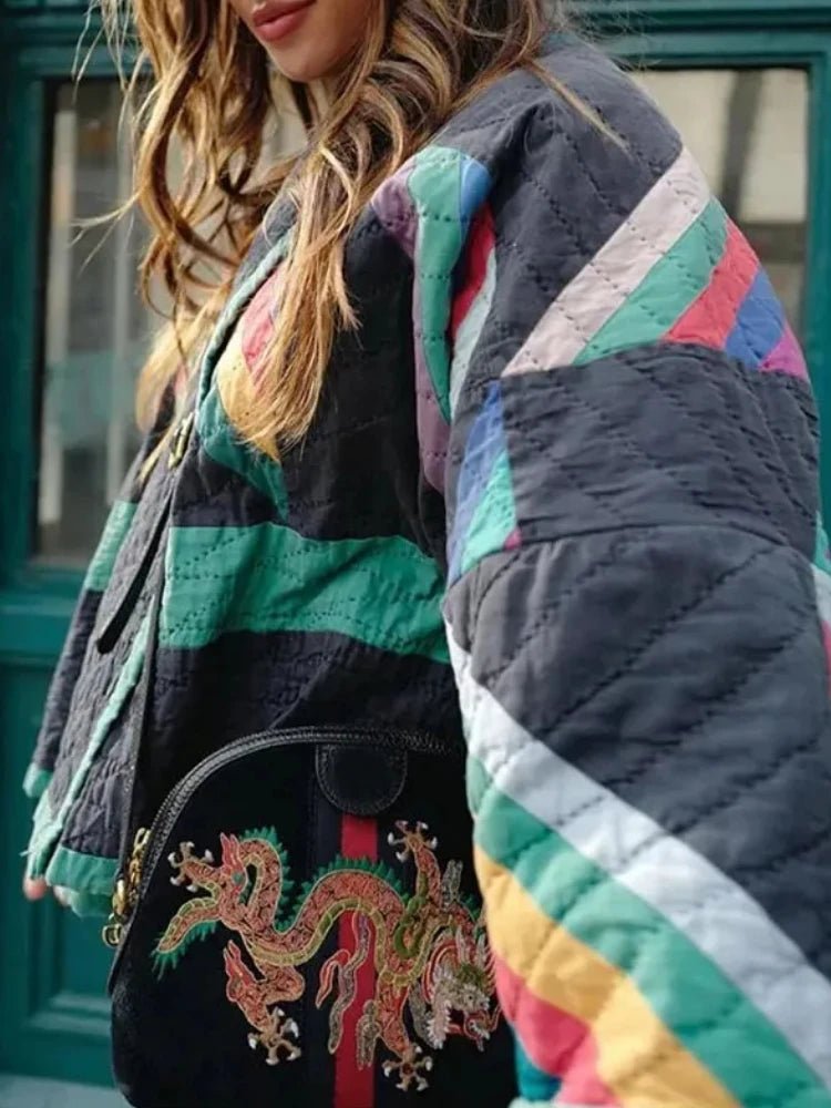 ZBZA Women's Patchwork Print Jacket Loose Warm Long Flare Sleeve V - neck Non Buttoned Casual Street Coat Winter New Chic Jacket - Jasmind Stores